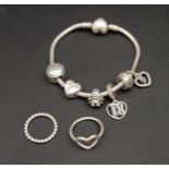 SELECTION OF PANDORA JEWELLERY comprising a Beaded Ring, Hearts Ring and a Moments Snake chain