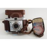 KODAK RETINETTE CAMERA with a Schneider Kreuznach 45mm lens, light meter and a worn brown leather