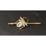 AQUAMARINE AND SEED PEARL FLY DECORATED BAR BROOCH the body of the fly with an oval cut aquamarine
