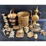 MIXED LOT OF BRASSWARE including a pair of candlesticks, cigarette box, Arabic coffee pot, spittoon,