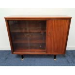 1960s MAHOGANY SIDE CABINET with a pair of glass sliding doors with adjustable shelves and a