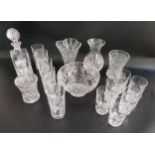 MIXED LOT OF GLASSWARE including a cut glass decanter and six matching tumblers, shaped decanter,