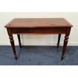 EARLY 20th CENTURY MAHOGANY HALL TABLE with an inset leatherette top, standing on turned tapering