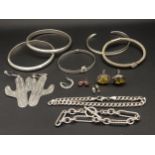 SELECTION OF SILVER JEWELLERY including bangles, a cuff bracelet, chain bracelets, a pair of amber