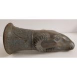 POTTERY RHYTON modelled as a rams head with a decorative incised collar, 31cm long
