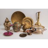 MIXED LOT OF METALWARE including a brass jug, two brass dishes, silver plated bowl, two brass and
