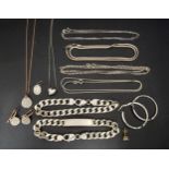 SELECTION OF SILVER JEWELLERY including a curb link bracelet, a pair of hoop earrings, an identity