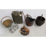 MIXED LOT OF METALWARE including a 20 litre jerry can, copper coal helmet, brass preserve pan,