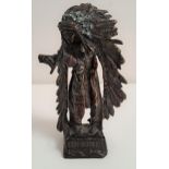 CARL KAUBA COLD PAINTED BRONZE Shot In The Eye, a native American with a headdress smoking a pipe,