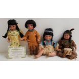 SET OF FOUR DANBURY MINT NATIVE AMERICAN DOLLS with porcelain heads, arms and legs, in traditional