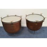 PAIR OF HAWKES & CO COPPER TIMPANI each raised on three adjustable legs, the bodies marked 'Hawkes &