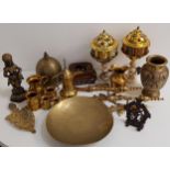 ASSORTED LOT OF BRASSWARE including a pair of lamps raised on alabaster bases, Middle Eastern coffee
