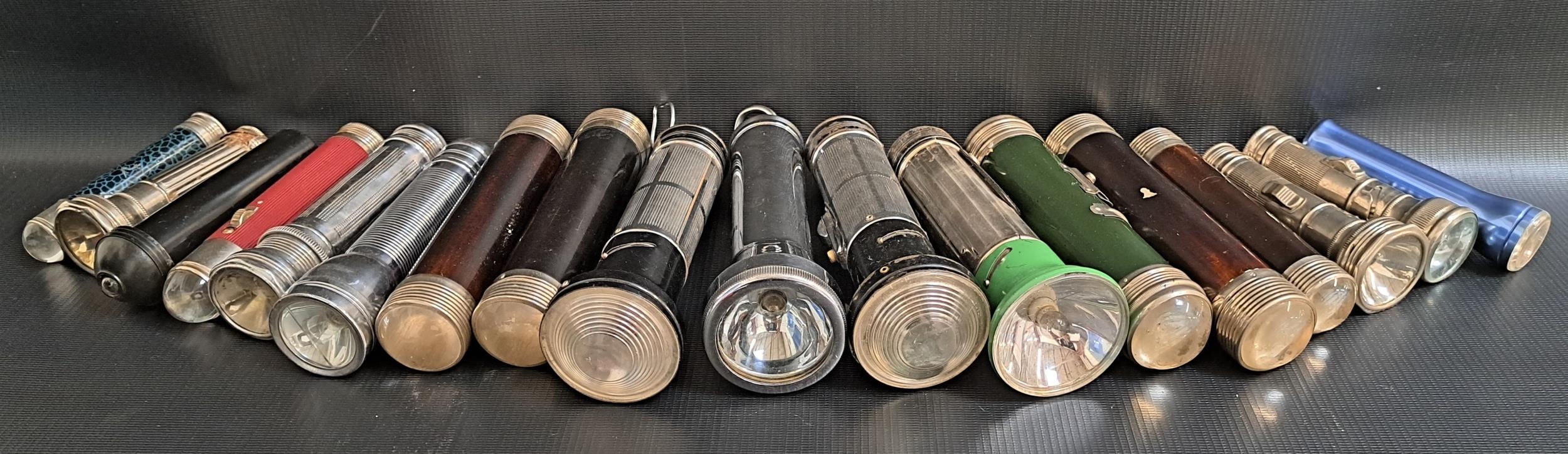 SELECTION OF VINTAGE TORCHES with examples from Ever Ready, Motor Car, Sterling B.K, Pifco, Crone,
