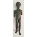 BRONZE KOUROS STATUETTE C.550-525 B.C, wearing a double crown with the remnants of the arms at the