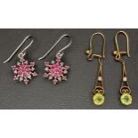 PAIR OF EDWARDIAN PERIDOT AND SEED PEARL DROP EARRINGS in nine carat gold; together with a pair of