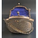 GEORGE V SILVER PURSE one side with engraved scroll decoration around a central cartouche, with