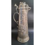 GERMAN ART NOUVEAU PEWTER EWER the domed lid decorated with an acorn and oak leaf above a boars head