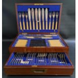 JOSEPH RODGERS & SONS CANTEEN OF CUTLERY for six place settings, in a mahogany and brass fitted case