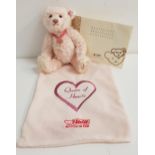 STEIFF DIANA "THE QUEEN OF HEARTS" TEDDY BEAR in white mohair with pink undertones, with embroidered