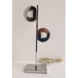 CHROME AND PERSPEX TABLE LAMP raised on a rectangular base with a central column with two chrome and