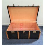 VINTAGE TRAVEL TRUNK with wood banding and side carrying handles, 91cm wide