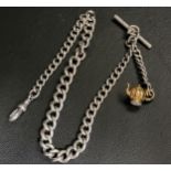 GRADUATED SILVER ALBERT CHAIN with T-bar, clip and gold plated teapot charm with agate seal to the