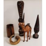 ELM KITCHEN UTENSIL POT together with a rams horn, leather covered camel, carved snake and an