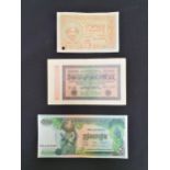 THREE BANKNOTES comprising Banque Du Cambodge, 500 Riels, serial number 419018, a German