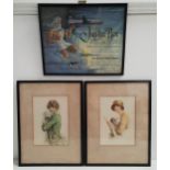 TWO ART DECO PRINTS both depicting girls holding dogs, both 21.5cm x 15cm; together with a framed