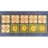 TEN VICTORIAN FLOOR TILES four decorated with sunflowers surrounded by leaves, and six decorated