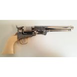 REPLICA SIX SHOT REVOLVER with an 18.5cm part engraved barrel, the white resin grip with an eagle on