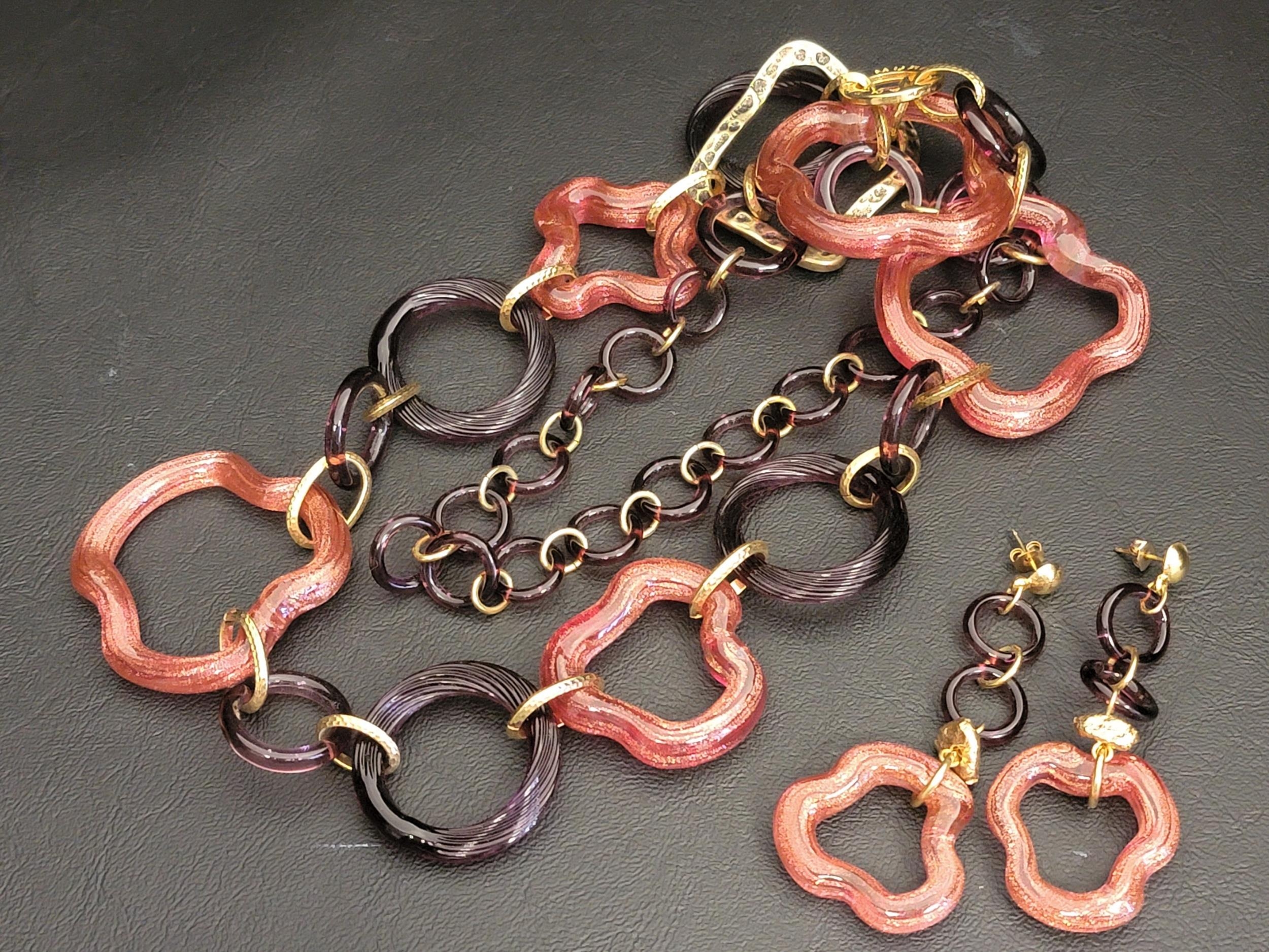 ANTICA MURANO NECKLACE AND MATCHING EARRINGS all with pink and purple Venetian Murano glass links of