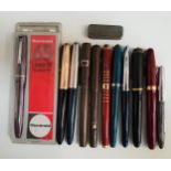 ELEVEN VINTAGE FOURNTAIN PENS including a Waterman's 515 with fourteen carat gold nib; a Burnham No.