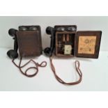 TWO VINTAGE GPO TELEPHONES each with a twin bell above a wood body with a one piece handset (2)
