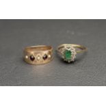 EMERALD AND DIAMOND CLUSTER RING together with a garnet and seed pearl ring, both in unmarked