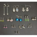 SELECTION OF SILVER EARRINGS including moonstone drop earrings, blue glass heart drop earrings,