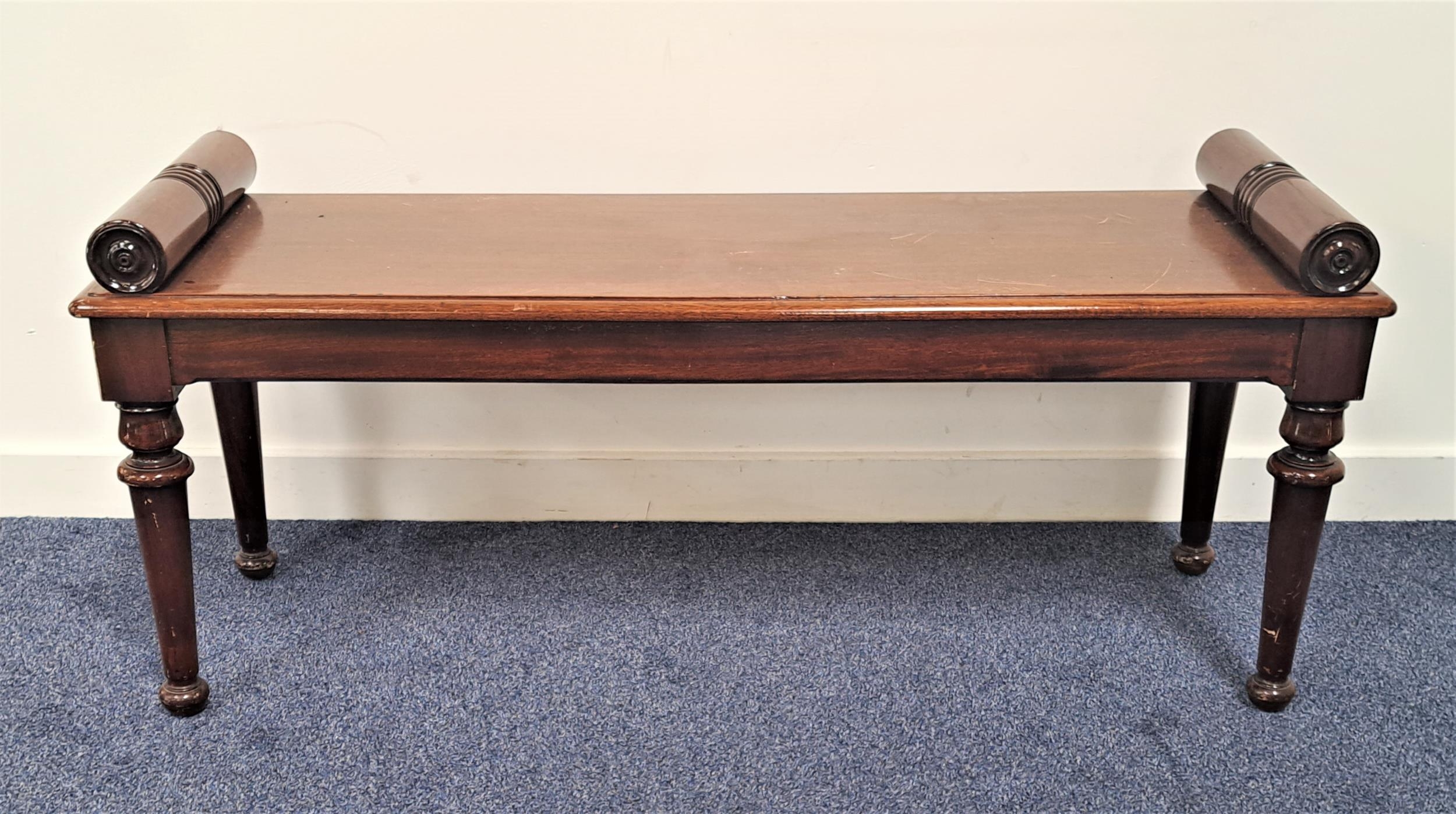 GEORGE III STYLE MAHOGANY HALL BENCH the rectangular moulded seat with cylindrical roll ends