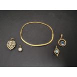FOUR GOLD PLATED PENDANTS AND A BANGLE the wavy bangle set with CZ, the pendants of various