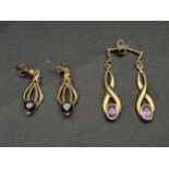 TWO PAIRS OF GEM SET NINE CARAT GOLD DROP EARRINGS one pair set with amethyst and the other with