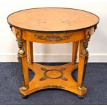20th CENTURY BURR ELM CENTRE TABLE with a circular top above two frieze drawers, standing on four