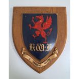 ROYAL WELSH FUSILERS OAK SHEILD PLAQUE the red dragon rampant on a field of blue with the initials