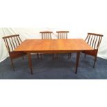 MID-CENTIRY TEAK EXTENDING DINING TABLE AND FOUR CHAIRS the table with a rectangular pull apart