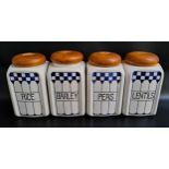 SET OF FOUR ART DECO CERAMIC KITCHEN STORAGE JARS by Felix, for Lentils, Barley, Peas and Rice,
