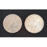 TWO AMERICAN SILVER ONE DOLLAR COINS comprising a Morgan dollar dated 1898 and a peace dollar