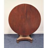 WILLIAM IV MAHOGANY BREAKFAST TABLE with a circular tilt top on a shaped column and quadripartite