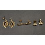 THREE PAIRS OF NINE CARAT GOLD AND GOLD MOUNTED EARRINGS comprising a pair of pierced nine carat