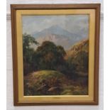 THOMAS STANLEY BARBER Walk by a river with mountains beyond, oil on canvas, signed with monogram,