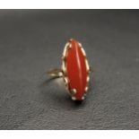 CARNELIAN DRESS RING the marquise cabochon style carnelian on nine carat gold shank, ring size L