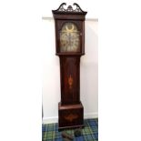 SCOTTISH MAHOGANY AND INLAID LONGCASE CLOCK the arched brass dial with a sunburst above a silvered