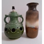WEST GERMAN POTTERY VASE in muted brown and cream glaze, 41cm high, together with a pottery lamp